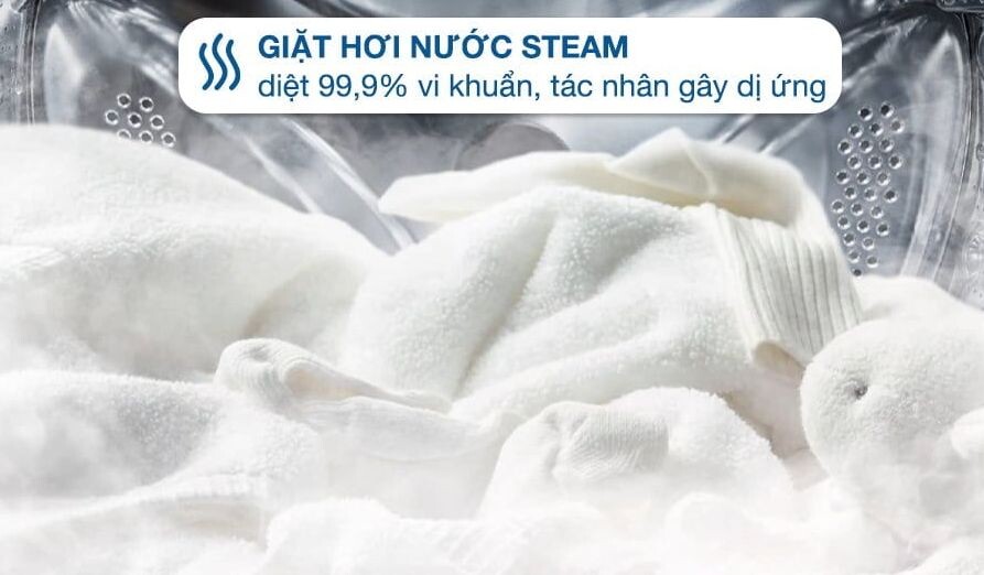 Công nghệ giặt hơi nước Steam có khả năng đánh bay được đến 99,9% vi khuẩn, nấm mốc