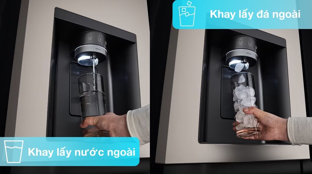 Khay lấy nước và đá được thiết kế bên ngoài vô cùng tiện dụng