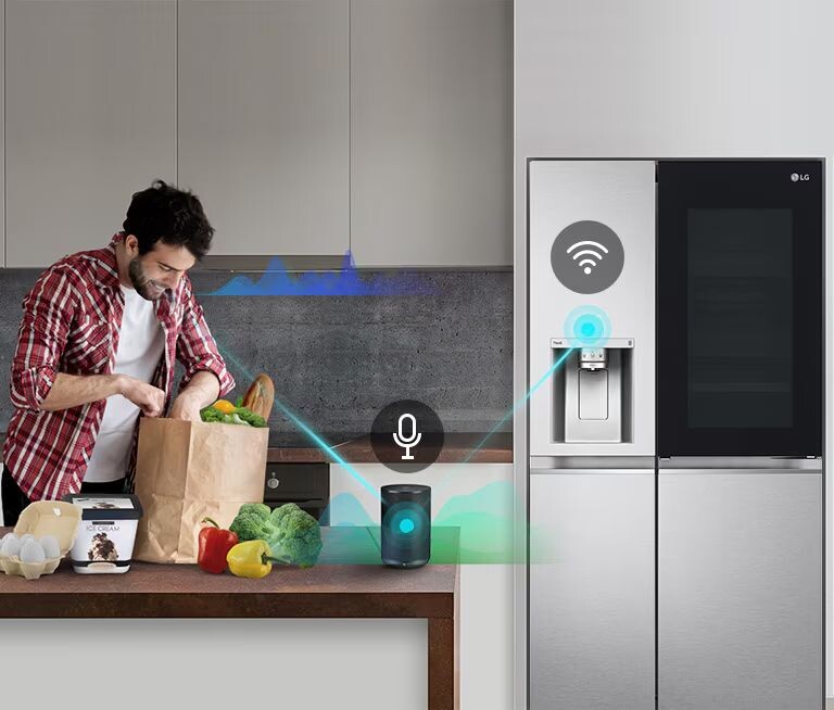 Dễ dàng kết nối điện thoại với tủ lạnh bằng wifi thông qua ứng dụng Smart LG ThinQ.