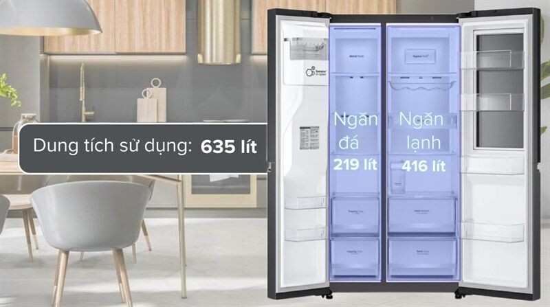 Dung tích thực có thể cất trữ thực phẩm lên đến 635 lít, phù hợp để sử dụng cho gia đình có từ 5 thành viên trở lên