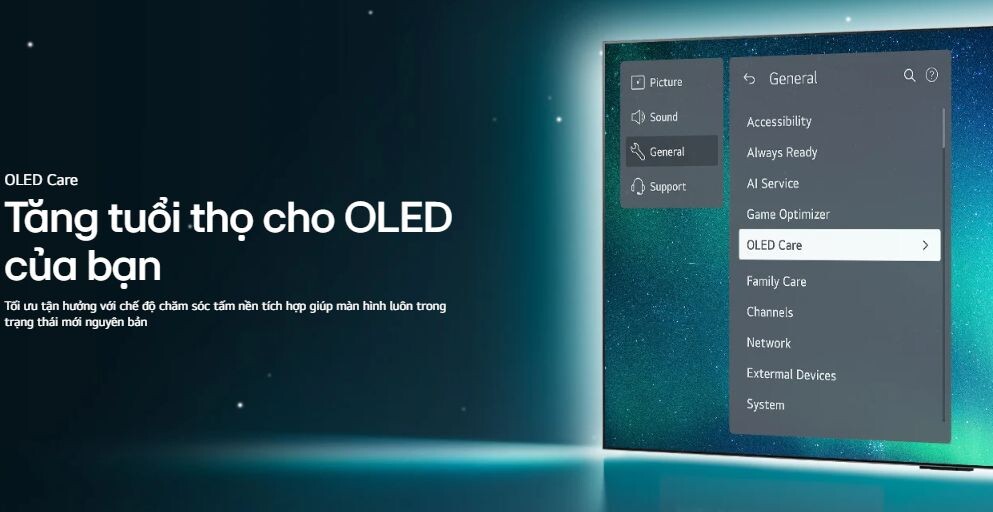 OLED Care đã được tích hợp trong trạng thái nguyên bản giúp gia tăng tuổi thọ của tấm nền