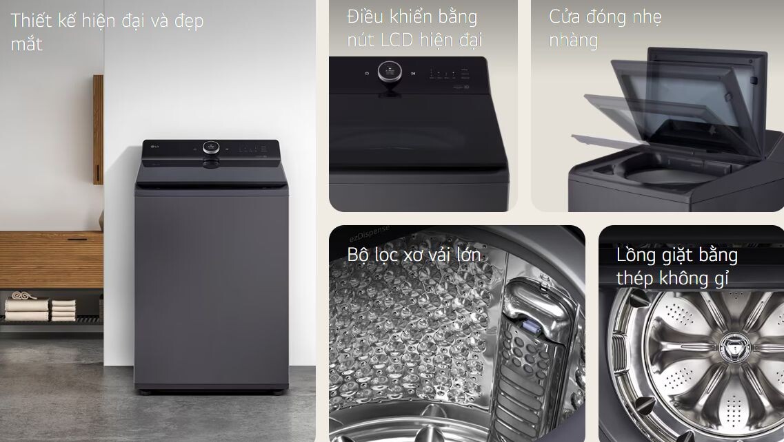 Máy giặt LG TX2725AT9G sở hữu thiết kế hiện đại, thẩm mỹ với bộ điều khiển bằng nút LCD đẳng cấp