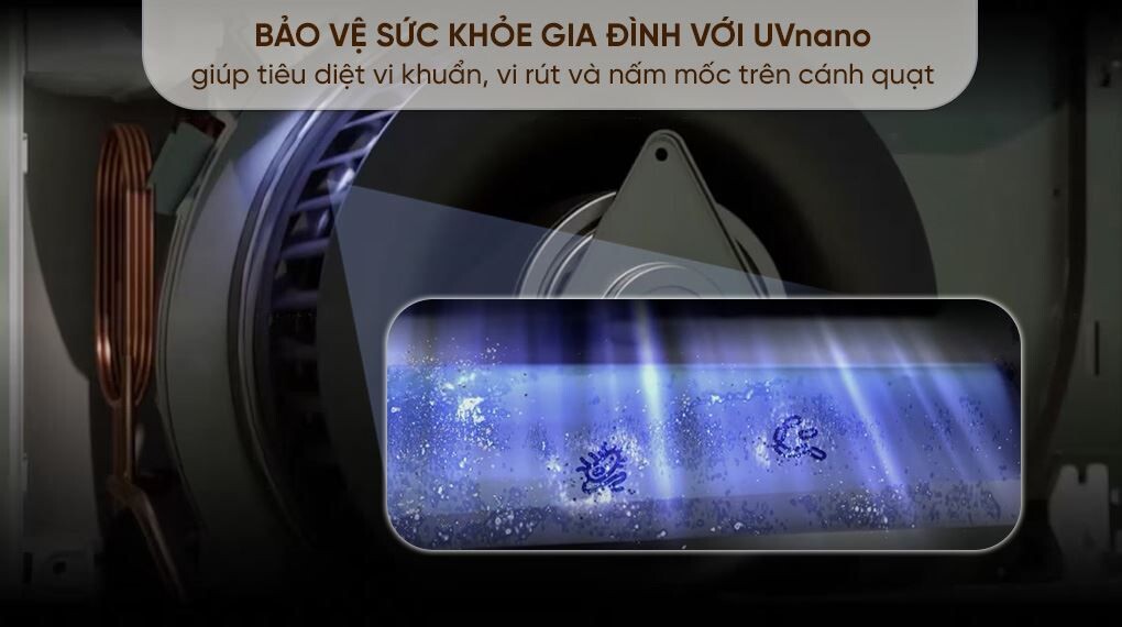 Luồng khí sẽ được làm sạch và tiêu diệt đến 99,99% bởi tia UVnano