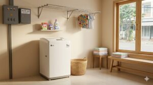 Máy giặt LG cửa trên 5kg đặt trong phòng trọ nhỏ gọn có logo LG rõ nét