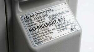 Nhãn kỹ thuật điều hoà LG ghi Refrigerant R32