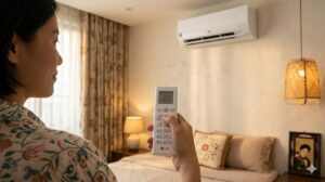 Người dùng cầm remote LG điều chỉnh nhiệt độ 27 độ