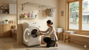 Người trẻ sống một mình đang sử dụng máy giặt nhỏ gọn trong căn hộ mini