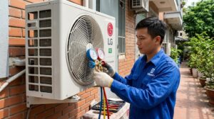 Kỹ thuật viên đo áp suất gas điều hoà LG
