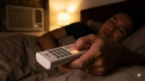 Tay nhấn nút Sleep trên remote LG trong phòng tối