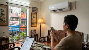 Người nhập mã remote đa năng đối diện với điều hoà LG