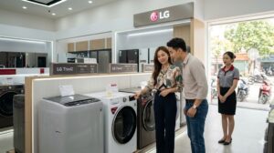 Cặp vợ chồng trẻ chọn mua máy giặt LG tại showroom