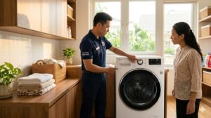 Kỹ thuật viên kiểm tra chế độ AI DD trên bảng điều khiển máy giặt LG tại nhà khách hàng