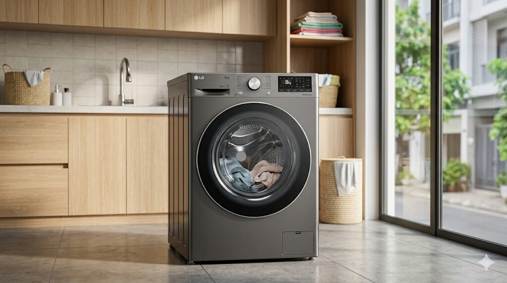 Máy giặt LG 8kg inverter đặt trong phòng giặt gia đình Việt Nam