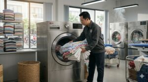 Chủ tiệm giặt ủi vận hành máy giặt công suất lớn LG 22kg