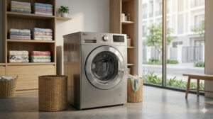 Máy giặt LG 6kg với logo LG trong phòng giặt căn hộ trẻ