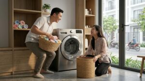 Cặp đôi mới cưới lắp đặt máy giặt LG trong phòng giặt mới