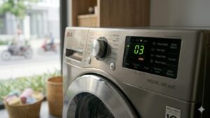 Màn hình điều khiển máy giặt LG hiển thị mã lỗi 03 trong phòng giặt Việt Nam