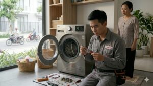 Kỹ thuật viên đang kiểm tra và sửa chữa máy giặt LG tại nhà khách hàng