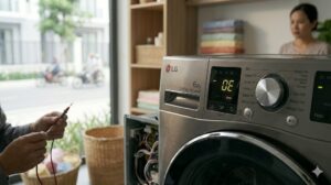 Màn hình điều khiển máy giặt LG hiển thị mã lỗi 0E trong phòng giặt
