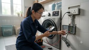 Kỹ thuật viên kiểm tra hệ thống điện gần máy giặt LG