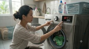 Phụ huynh nhấn giữ nút trên bảng điều khiển để tắt khoá trẻ em máy giặt LG