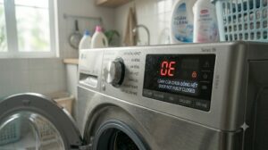 Màn hình điều khiển máy giặt LG hiển thị mã lỗi DE trong phòng giặt Việt Nam