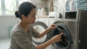 Người dùng đang kiểm tra gioăng cao su quanh cửa máy giặt LG cửa ngang