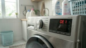 Màn hình điều khiển máy giặt LG hiển thị mã lỗi DE1 trong phòng giặt Việt Nam
