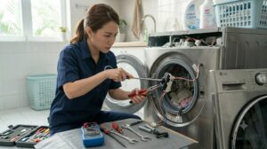 Kỹ thuật viên kiểm tra hệ thống khoá cửa máy giặt LG bằng dụng cụ chuyên dụng