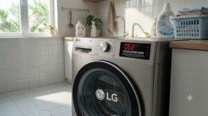 Máy giặt LG cửa trước hiển thị mã lỗi DE2 trên màn hình điều khiển trong phòng giặt