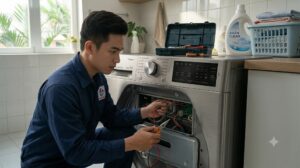 Kỹ thuật viên người Việt đang kiểm tra và sửa máy giặt LG báo lỗi DE2 tại nhà khách hàng