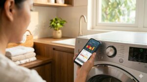 Người dùng cầm điện thoại quét mã lỗi máy giặt lg smart diagnosis bằng ứng dụng lg thinq tại nhà