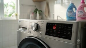 Màn hình điều khiển máy giặt LG hiển thị mã lỗi IE trong không gian phòng giặt hiện đại