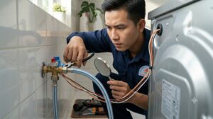 Kỹ thuật viên Việt Nam đang kiểm tra van cấp nước và ống dẫn nước phía sau máy giặt LG