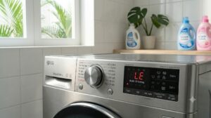 Màn hình điều khiển máy giặt LG hiển thị mã lỗi LE trong phòng giặt gia đình
