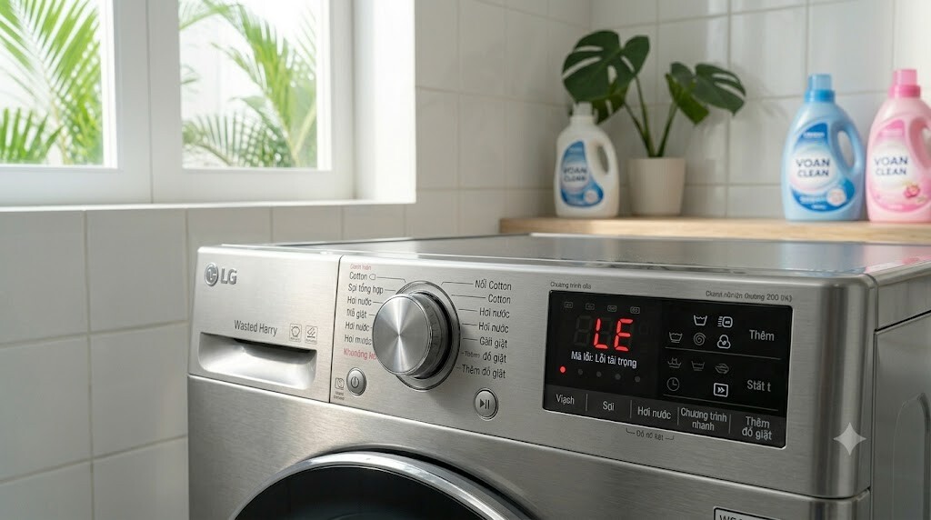 Màn hình điều khiển máy giặt LG hiển thị mã lỗi LE trong phòng giặt gia đình