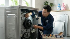 Kỹ thuật viên đang kiểm tra động cơ và dây curoa bên trong máy giặt LG