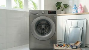 Màn hình máy giặt LG hiển thị mã lỗi nhóm E, biểu tượng cảnh báo rõ nét