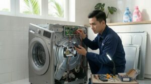 Kỹ thuật viên đang kiểm tra bo mạch và cảm biến bên trong máy giặt LG tại nhà