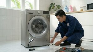 Kỹ thuật viên Việt Nam đang kiểm tra và cân chỉnh chân máy giặt LG tại nhà khách hàng