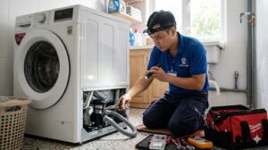 Kỹ thuật viên kiểm tra ống xả và bơm xả máy giặt LG tại nhà khách hàng