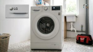 Máy giặt LG hiển thị mã lỗi OE trên màn hình điều khiển, cận cảnh logo LG