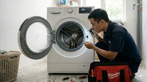 Kỹ thuật viên kiểm tra gioăng cao su và chốt khoá cửa máy giặt LG bị lỗi OPN