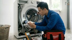 Kỹ thuật viên kiểm tra cảm biến áp suất và ống dẫn nước máy giặt LG tại nhà