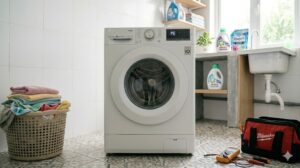 Máy giặt LG hiển thị mã lỗi trên màn hình trong phòng giặt hiện đại
