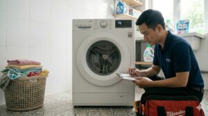 Kỹ thuật viên Việt Nam ghi chú mã lỗi máy giặt LG bên cạnh máy