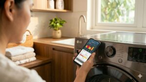 Máy giặt LG ThinQ kết nối điều khiển máy giặt lg thinq qua điện thoại trong phòng giặt hiện đại