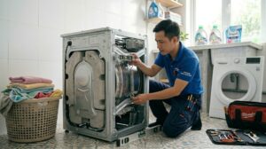 Kỹ thuật viên kiểm tra độ cân bằng và lò xo giảm chấn máy giặt LG tại nhà