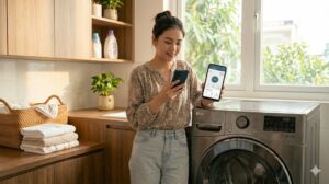 Người dùng điều khiển máy giặt lg bằng điện thoại qua ứng dụng lg thinq tại nhà