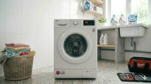 Máy giặt LG hiển thị mã lỗi UE trên bảng điều khiển trong phòng giặt gia đình